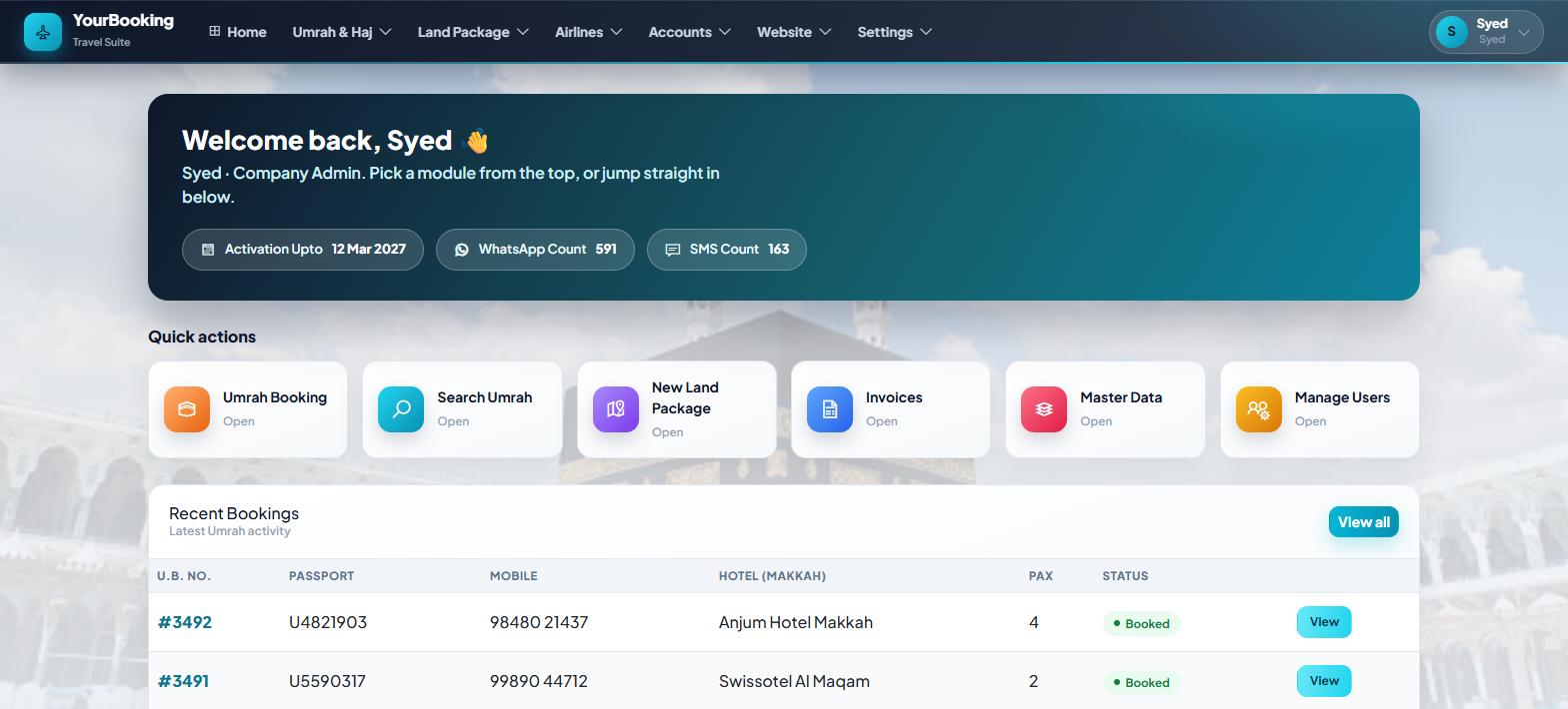 The YourBooking dashboard as your team sees it after signing in