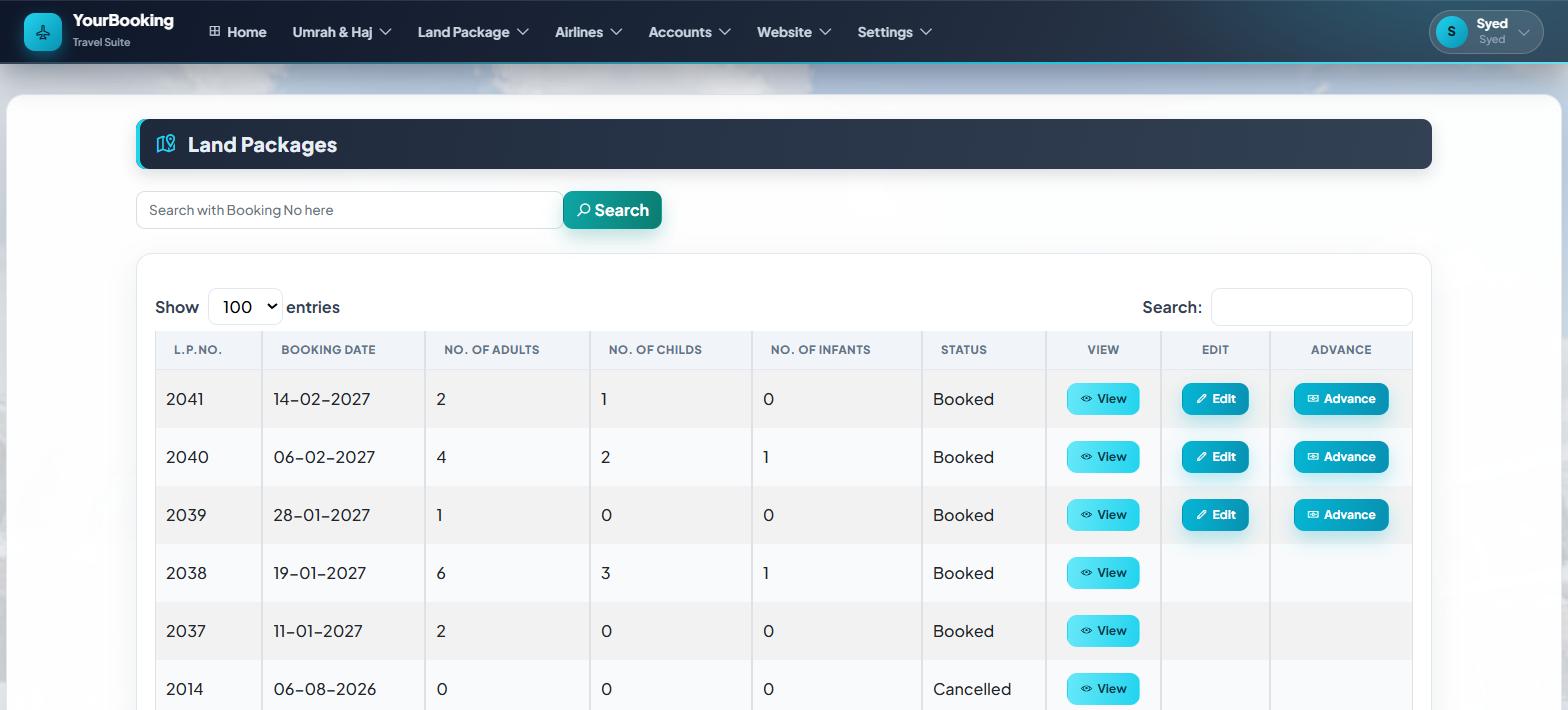 Land Packages: bookings with passenger mix, status and advances