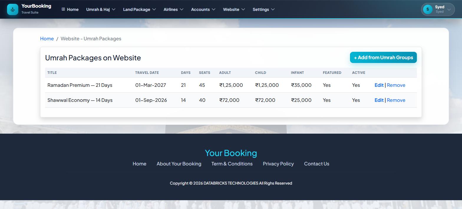 Website module: the Umrah packages published to your public website
